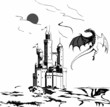 A flying dragon in a sky attacking medieval fort castle