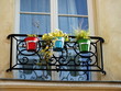 Pots de fleurs colorés accrochés à une fenêtre. Pots de fleurs colorés accrochés à une fenêtre.