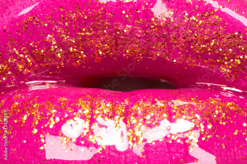 Glamour Clothes on Glamour Fashion Bright Pink Lips Gloss Make Up With Gold Glitter