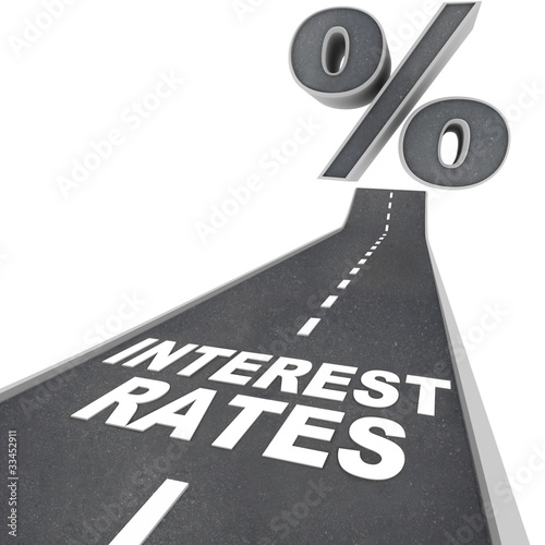 Illustration: Road to Higher Interest Rates - Words on Street Road to Higher Interest Rates - Words on Street