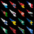 Set of european, african and american flags on wings