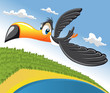 Cartoon toucan flying over beach in Brazil