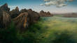painting of a distant mountain range from an aerial view
