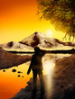 silhouetted man standing before a mountain reflected in a lake silhouetted man standing before a mountain reflected in a lake