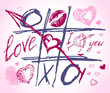 love doodles. Set icon - hand drawn hearts. Tic tac toe
