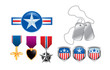 American military icons, medals, and dog tags on white backdrop