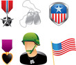 American military medals, dogtags, soldier, and flag