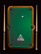 Aerial view of pool table with balls and sticks