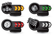 Racing tires, flags, and gas gauge on arrow nameplate banners