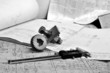 gears and electronic calliper on technical drawing