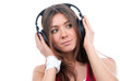 cheerful brunette woman listening and enjoying music in big head