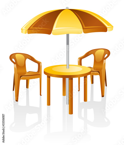 Vector: Furniture: table, chair, parasol. Furniture: table, chair, parasol.