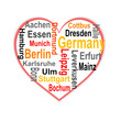 Germany Heart and words cloud with larger cities