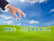 business man hand and relationship word buttons
