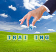 business man hand made training word buttons