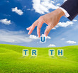 business man hand made truth word buttons