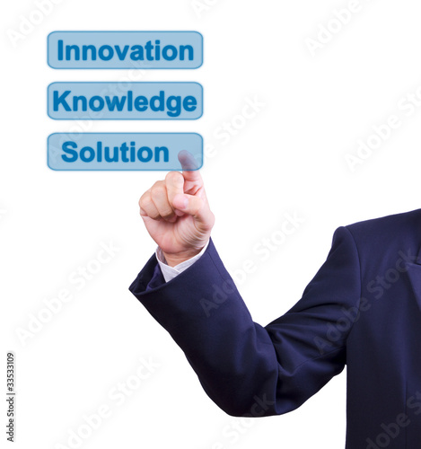 Photo: business man hand pushing solution button isolated business man hand pushing solution button isolated