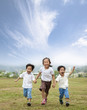 happy running asian kids