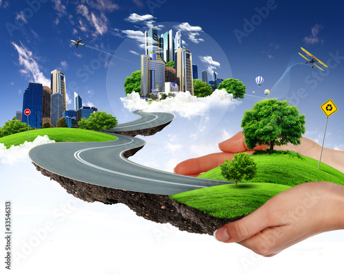 Ilustração: human hand holding a green city human hand holding a green city