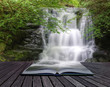 Stunning waterfall flowing over rocks through lush green forest