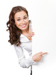 Smiling businesswoman showing blank signboard, isolated
