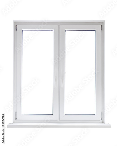 Photo: White plastic double door window isolated on white background White plastic double door window isolated on white background