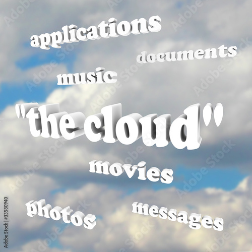 Illustration: Cloud Computing Words in Sky Photos Movies Documents Application Cloud Computing Words in Sky Photos Movies Documents Application