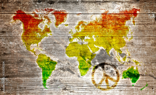 Illustration: Holzschild - Rasta worldmap an peace symbol Holzschild - Rasta worldmap an peace symbol