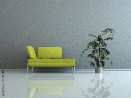 Illustration: Wohndesign - grünes Sofa vor grauer Wand Wohndesign - grünes Sofa vor grauer Wand