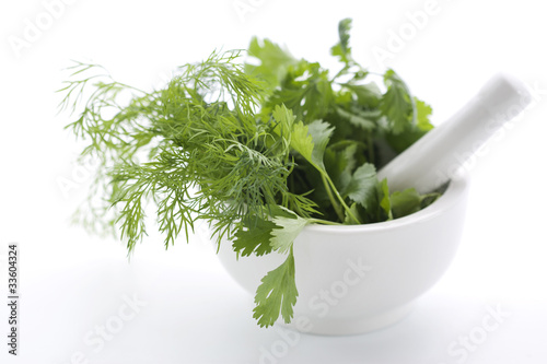 Photo: Mortar with fresh herbs Mortar with fresh herbs