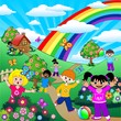 Bambini Giocano su Prati Verdi-Children on Green Meadows-Vector