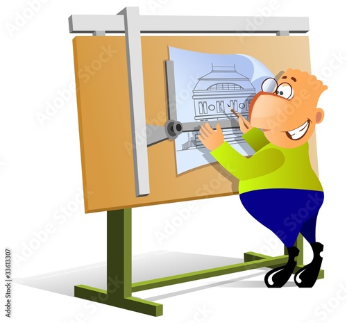 Illustration: architect designs a building on a drawing board architect designs a building on a drawing board