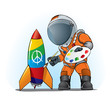 astronaut painting peace sign on the rocket