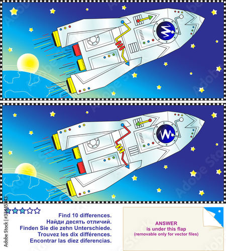 Vektor: Find the differences puzzle - space, rocket, Earth and stars Find the differences puzzle - space, rocket, Earth and stars