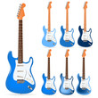 set of blue electric guitars isolated on white background