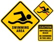 Swimming area and no swimming hazard-warning signs.
