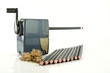 A pencil sharpener and pencil row