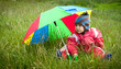 Little baby girl with a rainbow umbrella in park