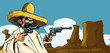 Cartoon Mexican in the desert with guns