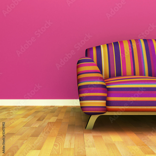 Illustration: A contemporary colorful sofa in an interior. A contemporary colorful sofa in an interior.