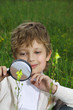 boy with magnifying glass outdoors