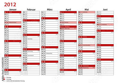 Vektor: Kalender Deutschland 2012 - doppelseitig A4 weiß - Januar-Juni Kalender Deutschland 2012 - doppelseitig A4 weiß - Januar-Juni