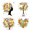 Summer style - tree, frame, bouquet, female head for your design