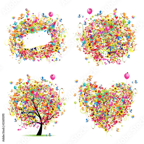 Vektor: Holiday style - tree, frame, bouquet, heart for your design Holiday style - tree, frame, bouquet, heart for your design