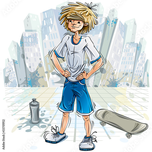 Vector: Teenager boy with spray can and skateboard. Teenager boy with spray can and skateboard.