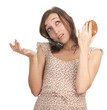 Photo: calling young woman in bright dress with cake calling young woman in bright dress with cake