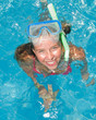 Snorkel girl with starfish in blue water