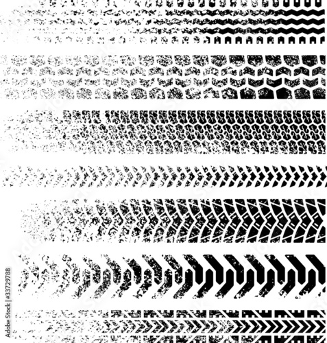 Vector: Collection of seven fading High Quality Grunge Tire tracks Collection of seven fading High Quality Grunge Tire tracks
