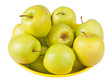 Bowl of Golden Delicious eating apples, in bowl, isolated over w Bowl of Golden Delicious eating apples, in bowl, isolated over w