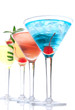 Martini alcohol cocktails in row blue hawaiian, tequila sunrise Martini alcohol cocktails in row blue hawaiian, tequila sunrise